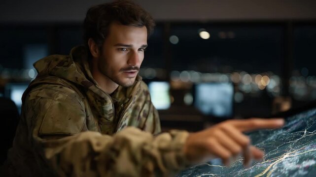 A tactical intelligence analyst studying a multi-layered digital battlefield map in a dim command center, highlighting enemy movement patterns with glowing overlays &mdash; real-time military analytics,