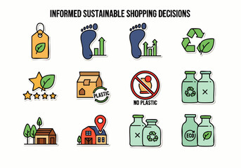 Icons represent informed sustainable shopping decisions for eco-friendly choices and environmental responsibility.