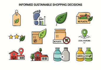 Icons illustrating informed sustainable shopping decisions for eco-friendly consumer choices and environmental responsibility.