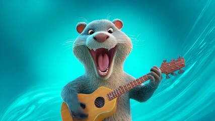 Joyful cartoon beaver playing a ukulele and singing enthusiastically a charming 3D animated character for music fun and childrens