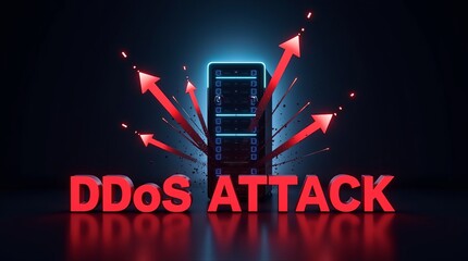 A digital representation of a DDoS attack, featuring graphic red arrows emanating from a central device against a dark backdrop.