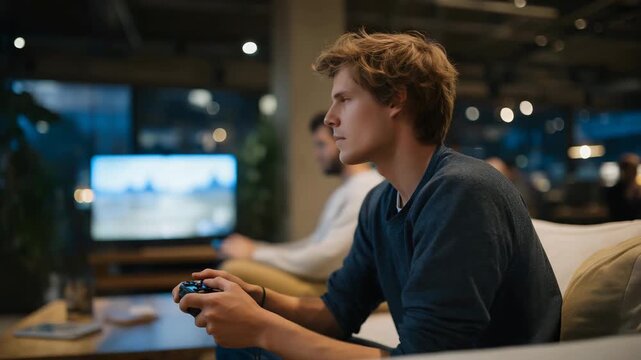 A user-testing room inside a gaming studio where players test early builds on consoles while developers observe reactions behind glass &mdash; UX research, gameplay balance testing, and community-driven