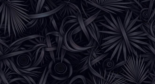 Dense dark botanical arrangement featuring palmlike leaves  spirals in an overlapping intricate design