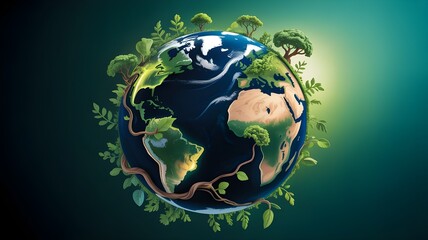 Concept ESG. Technology and Nature. Resources that are sustainable, renewable, and green. Care for the environment and ecology. Encircling a Globe and a Green Leaf. 