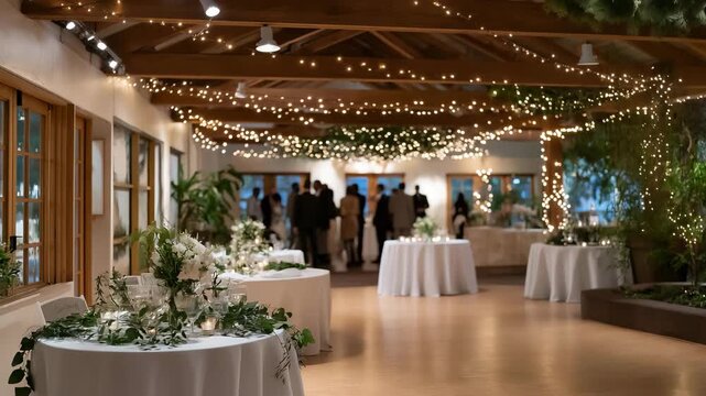 A wedding reception hall glowing with fairy lights and elegant floral centerpieces as guests mingle near the dance floor &mdash; romantic celebration setting, event design inspiration, and joyful social