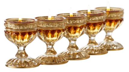 Row of Elegant Golden Glass Candle Holders with Burning Tealights