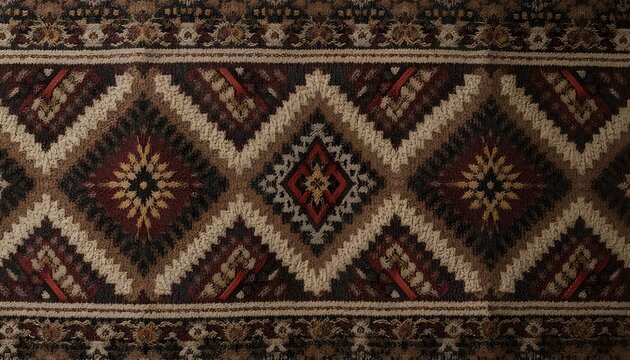  "Classic Balochi wool embroidery showcasing intricate diamond shapes, repeating symmetric tribal motifs, and richly layered stitchwork in deep earthy tones. Authentic cultural craft style, traditiona