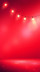 Vibrant Red Christmas Gradient Background With Soft Lights glowing string lights in the upper corner. Festive Backdrop for Greeting Cards and Text