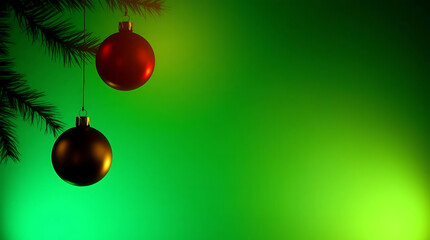 Deep Green Gradient Christmas Background With Shiny Baubles in the corner, smooth gradient. Social Media Template With Copy Space.Merry Christmas, New Year, Happy Holidays greeting card, frame, banner