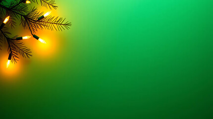 Vintage Green Christmas Background With  Fairy lights softly hanging from one corner. Classic Holiday Card Backdrop With Empty Space for Text. Merry Christmas, New Year greeting card, frame, banner