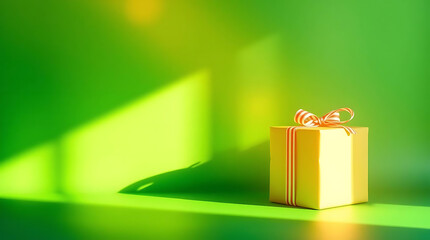 Fine Art Green Christmas Background With Gift, Elegant Holiday Banner With Free Space for Message. Merry Christmas, New Year and Happy Holidays greeting card, frame, banner With Copy Space.