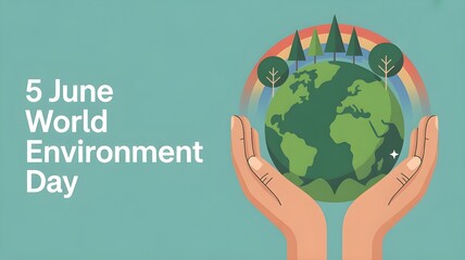 A modern flat illustration celebrating World Environment Day, featuring hands holding the Earth with trees and a rainbow. A symbolic design promoting sustainability, nature protection, 