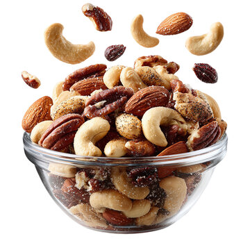 Mixed nuts in glass bowl isolated on transparent background