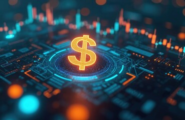 Glowing yellow dollar sign on digital circuit board background. Electronic finance concept with neon orange and blue lights. Business technology symbol for money and currency exchange.
