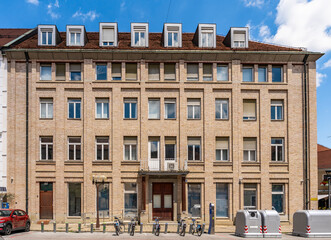 Red-brick austere building in Presernova ulica, Celje city center, Slovenia