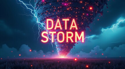 A dramatic digital tornado representing a data storm with vivid lightning and vibrant colors.