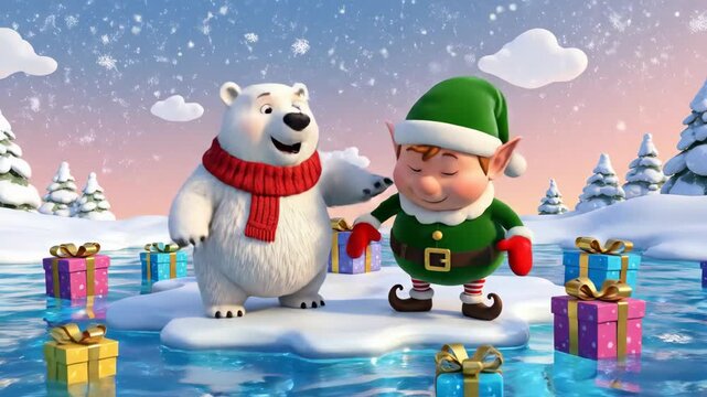 Cute 3D polar bear waves hello to elf in snowy Christmas scene. Joyful holiday interaction with presents and winter ice adventure.