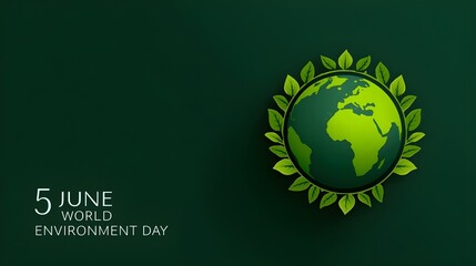 Minimalist green illustration of Earth surrounded by leaves on dark background with text “5 June World Environment Day,” symbolizing sustainability, eco awareness, nature protection, and global enviro