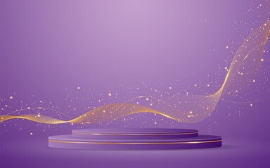 Purple podium with elegant gold wave lines on the back for product presentation. Display of cosmetic products. Stage or podium. vector illustration	