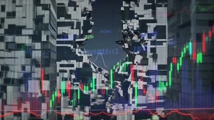 Abstract visualization of economic upheaval, showing dynamic market data intersecting with fractured urban environments, symbolizing global financial challenges and structural change - Powered by Adobe
