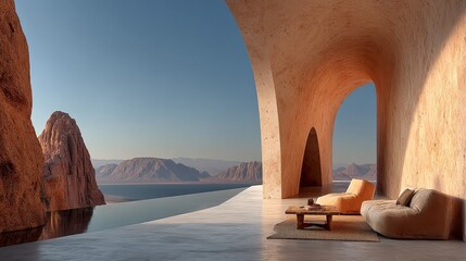 A modern architecture villa overlooking deserts and mountains, featuring comfortable seating and a serene infinity pool.