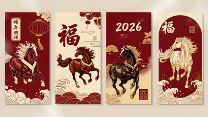 Chinese new year 2026 year of the horse traditional red banners with horse imagery
