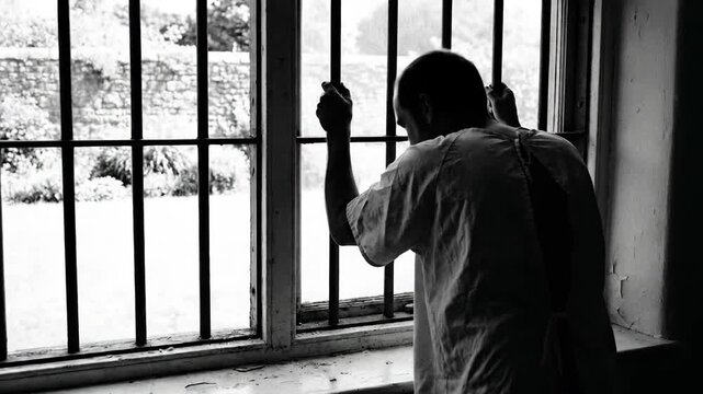 Man in hospital gown looks out barred window with hope and despair, concept of mental health patient in psychiatric clinic.
