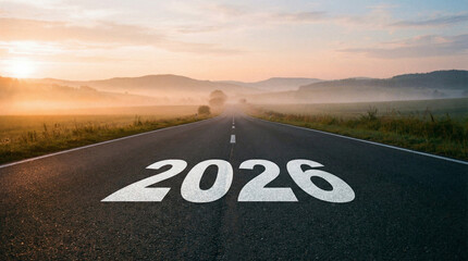 Crisp “2026” on an empty road to a glowing horizon