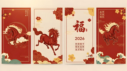 Chinese new year 2026 year of the horse festive red banner design with floral elements