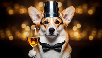 Festive corgi dog wearing a top hat and bow tie holding a cocktail
