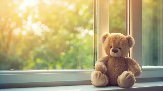 Bear sits by sunny window with trees outside