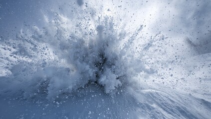 Close-up capture of a powerful snow explosion on a snow-covered slope, sunlight filtering through