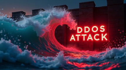 A dramatic ocean wave crashing against a fortress illuminated with the words 'DDOS ATTACK' in bright red lights.
