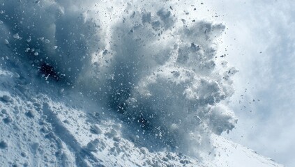 Dramatic perspective of a snow avalanche cascading down a mountain slope, cloud backdrop