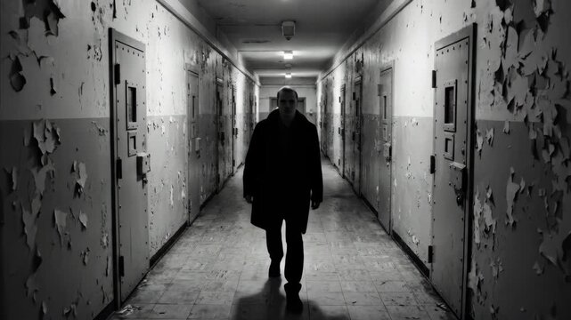Man walking down abandoned asylum hallway, a somber journey through mental health institution, conceptualizing despair and isolation