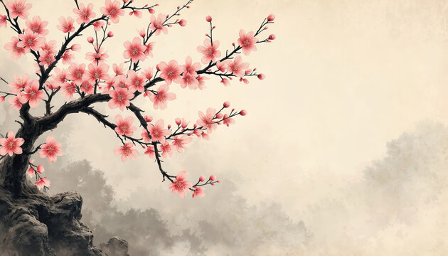 Illustration of Chinese traditional landscape featuring plum blossom tree. Artwork depicts pink flowers tree branch with old paper texture. Oriental art. Spring floral design