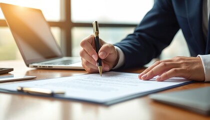 Man in suit signs loan contract at desk. Business owner works on laptop with pen and paper. Documents show finance, credit, and capital needs for growth.