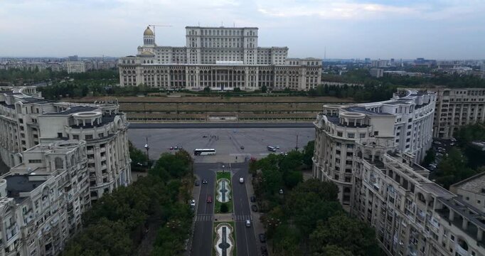 Drone fly over Bucarest and House of People