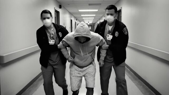 Medical staff escorting man in hoodie through hospital corridor due to mental health issue or discharge assistance.