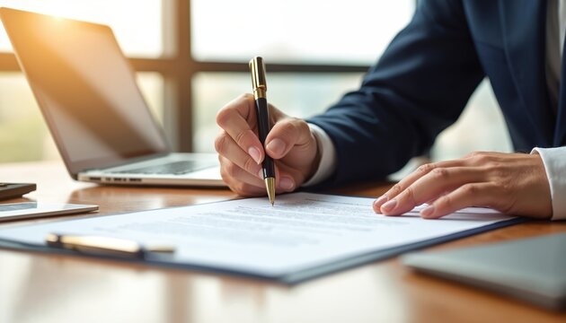 Man in suit signs loan contract at desk. Business owner works on laptop with pen and paper. Documents show finance, credit, and capital needs for growth.