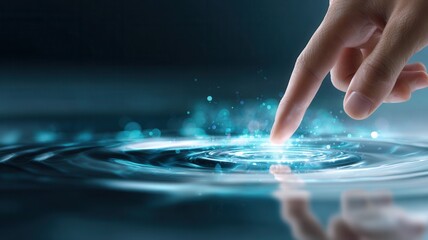 Human hand touching digital liquid surface, creating glowing ripples, symbolizing interaction, immersive and connection technology,