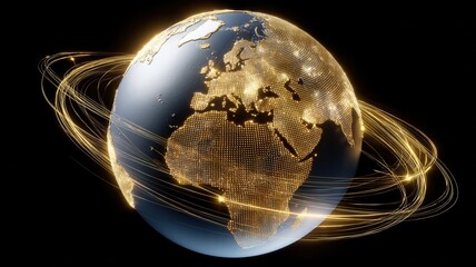 Global network connecting continents, digital earth with glowing cities and data lines, communication technology worldwide