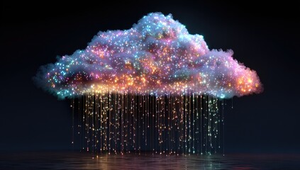 A digital cloud shaped formation glowing with colorful lights, raining down into a dark, reflective surface