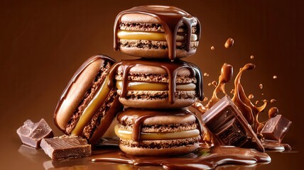 Stacked chocolate macarons dripping with smooth caramel sauce and rich ganache, surrounded bar pieces broken chocolate