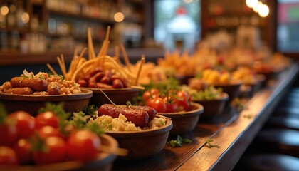 Variety of tapas dishes at a Spanish bar. Mini sausages tomatoes salads and more are offered. Food served at long wooden table. Selective focus on plates with delicious snacks.