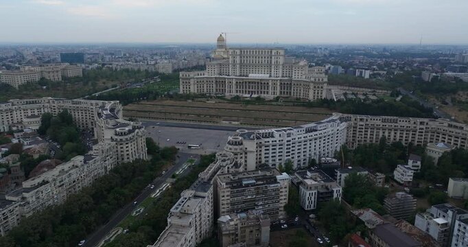 Drone fly over Bucarest and House of People