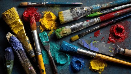 Fototapeta premium Artistic arrangement of various paintbrushes and palettes, showcasing vibrant colors and textures