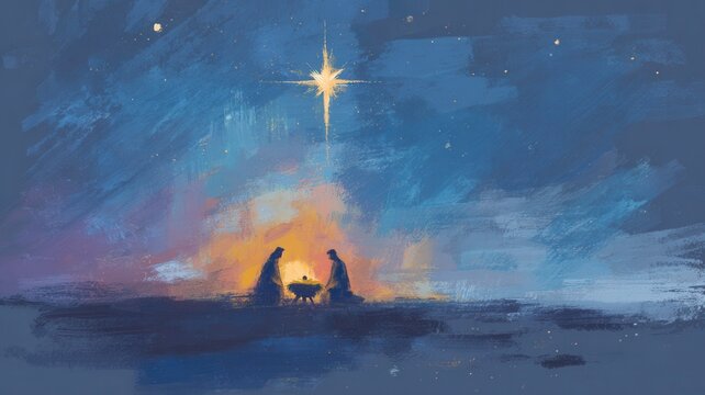 Representing the holy family, mary, joseph, and baby jesus a manger, with a guiding star brushstroke under a sky