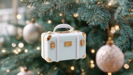 Miniature suitcase ornament hanging a festive christmas tree, symbolizing holiday seasonal journeys travel