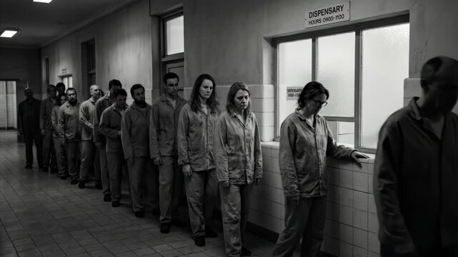People in medical pajamas waiting in line at a dispensary window in a psychiatric institution hallway.